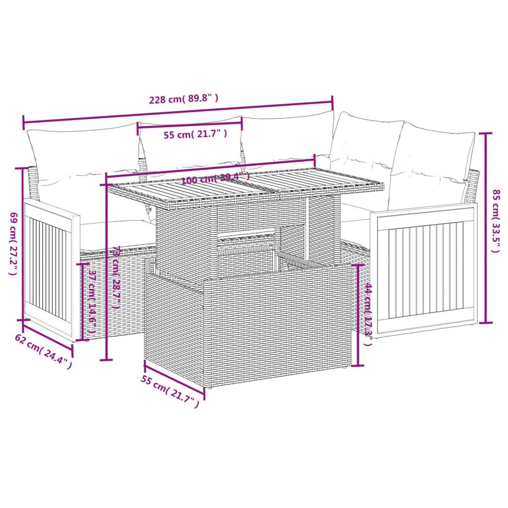 5-tlg. Garten-Sofagarnitur mit Kissen Beige Poly Rattan