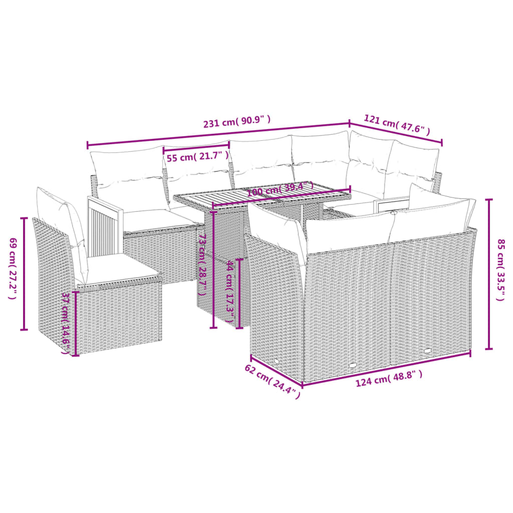 9-tlg. Garten-Sofagarnitur mit Kissen Beige Poly Rattan