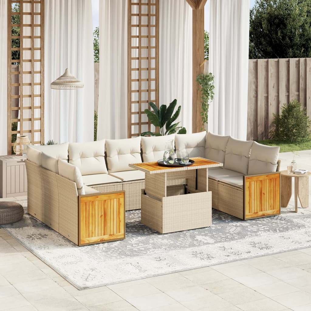 10-tlg. Garten-Sofagarnitur mit Kissen Beige Poly Rattan