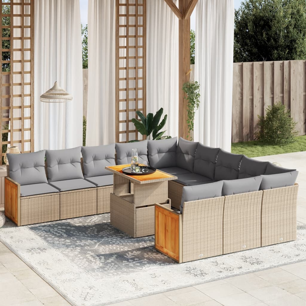 11-tlg. Garten-Sofagarnitur mit Kissen Beige Poly Rattan