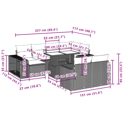 11-tlg. Garten-Sofagarnitur mit Kissen Hellgrau Poly Rattan