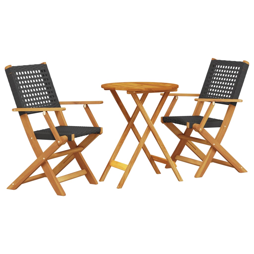 3-tlg. Bistro-Set Schwarz Poly Rattan und Massivholz