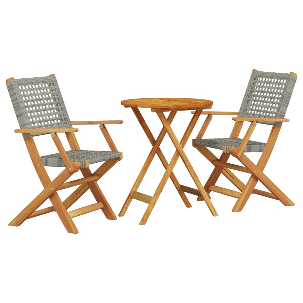 3-tlg. Bistro-Set Grau Poly Rattan und Massivholz