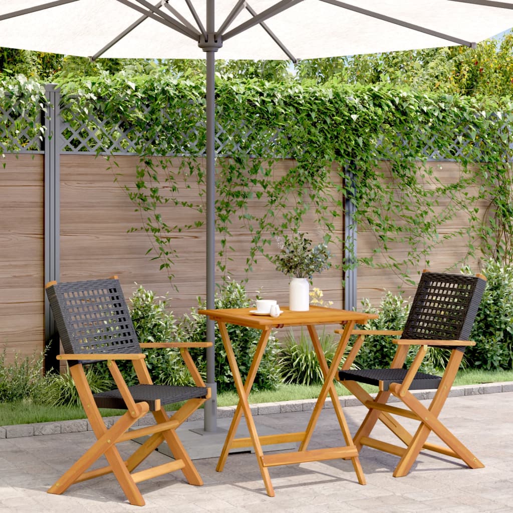 3-tlg. Bistro-Set Schwarz Poly Rattan und Massivholz