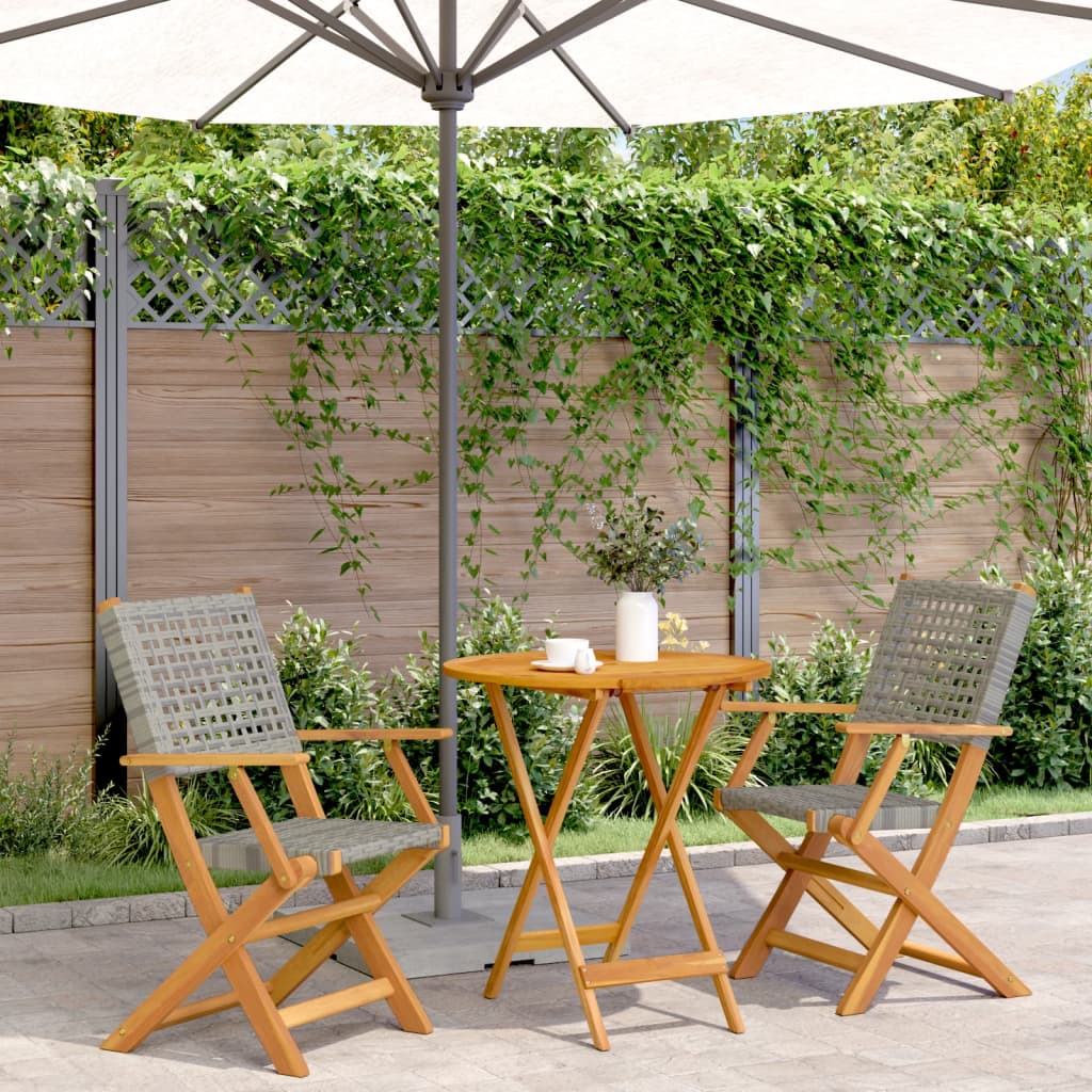 3-tlg. Bistro-Set Grau Poly Rattan und Massivholz