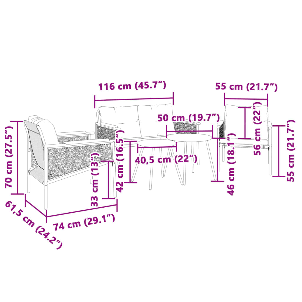 5-tlg. Balkonmöbel-Set mit Kissen Schwarz Stahl