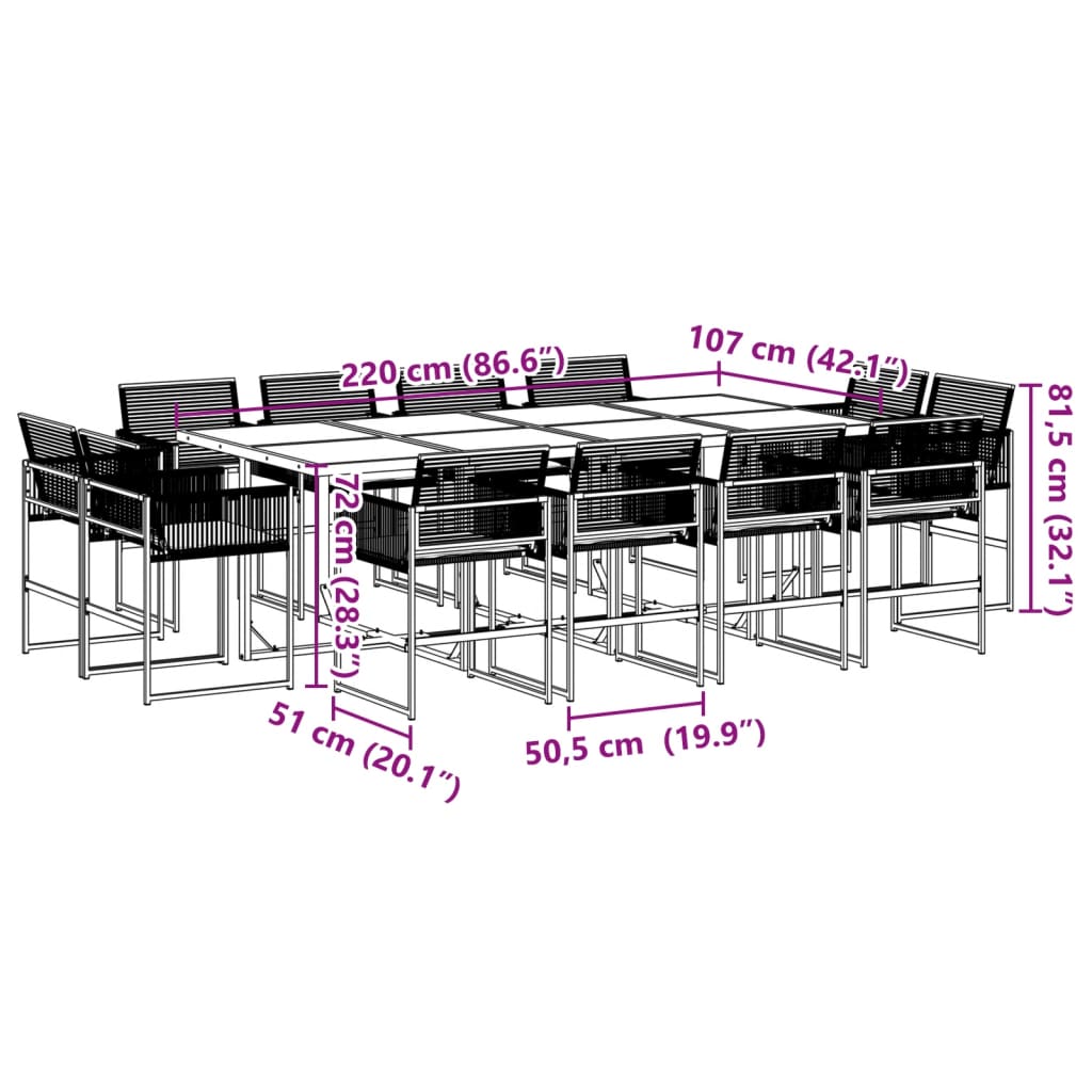 13-tlg. Garten-Essgruppe mit Kissen Schwarz Poly Rattan