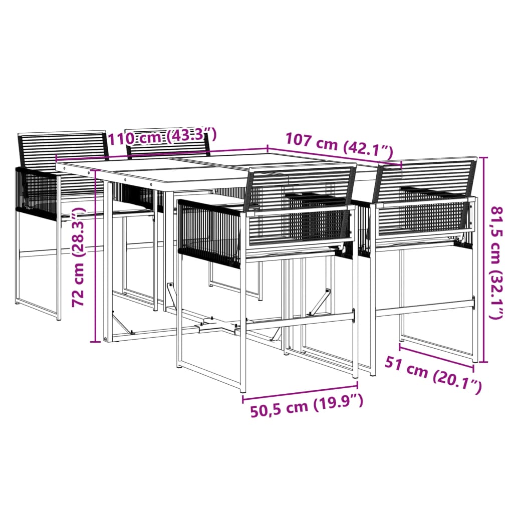 5-tlg. Garten-Essgruppe mit Kissen Schwarz Poly Rattan