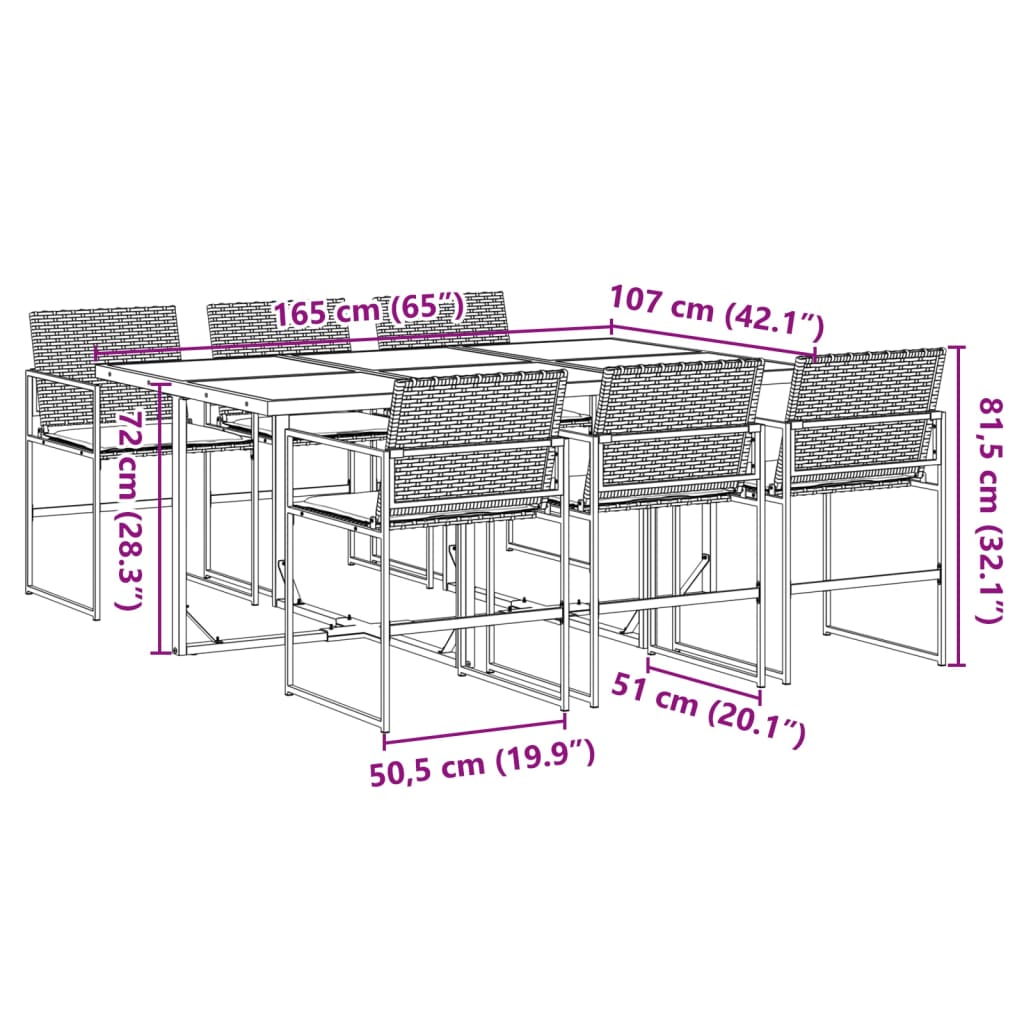 7-tlg. Garten-Essgruppe mit Kissen Schwarz Poly Rattan