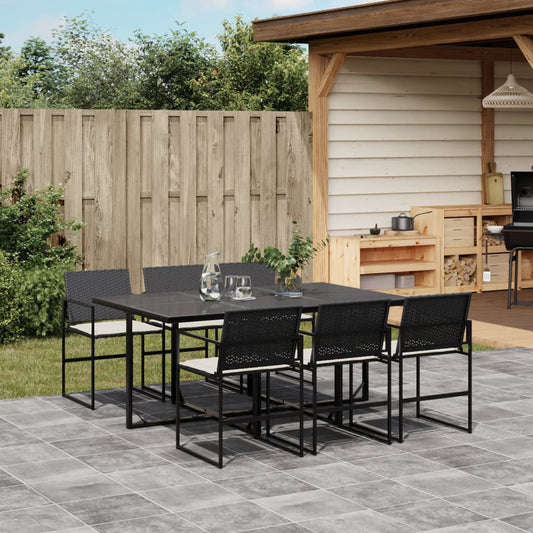 7-tlg. Garten-Essgruppe mit Kissen Schwarz Poly Rattan