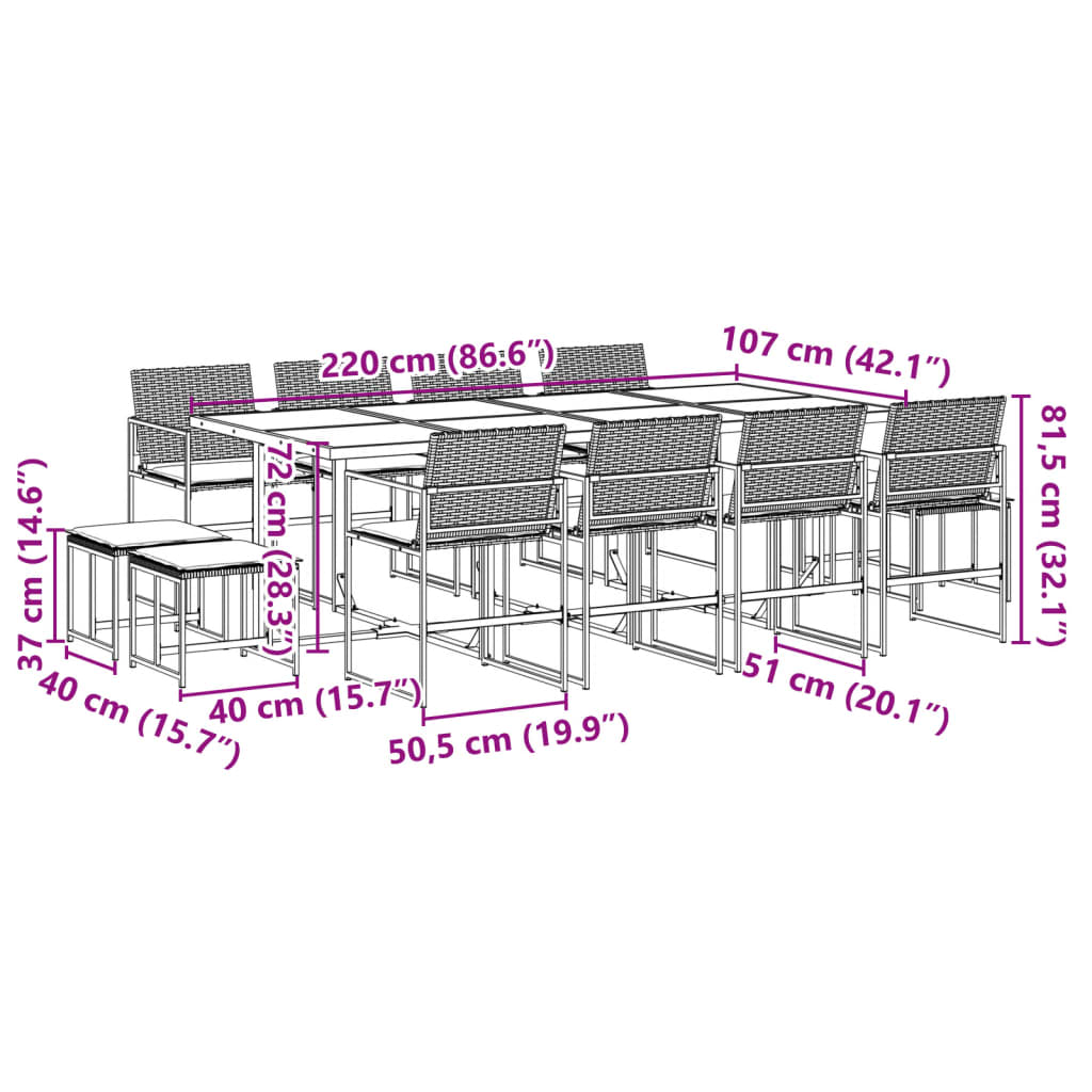 13-tlg. Garten-Essgruppe mit Kissen Schwarz Poly Rattan