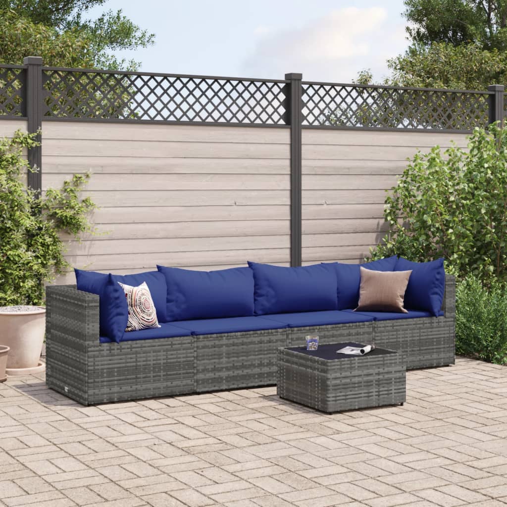 5-tlg. Garten-Lounge-Set mit Kissen Grau Poly Rattan