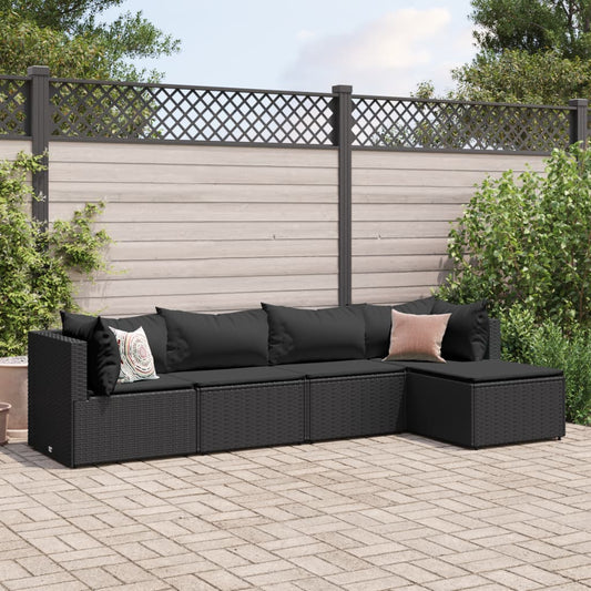 5-tlg. Garten-Lounge-Set mit Kissen Schwarz Poly Rattan