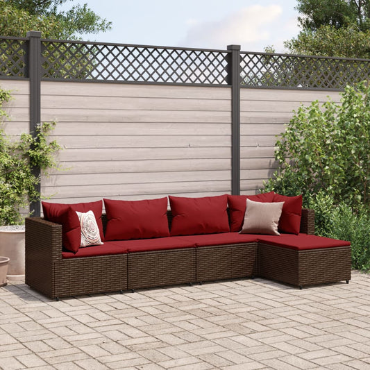 5-tlg. Garten-Lounge-Set mit Kissen Braun Poly Rattan