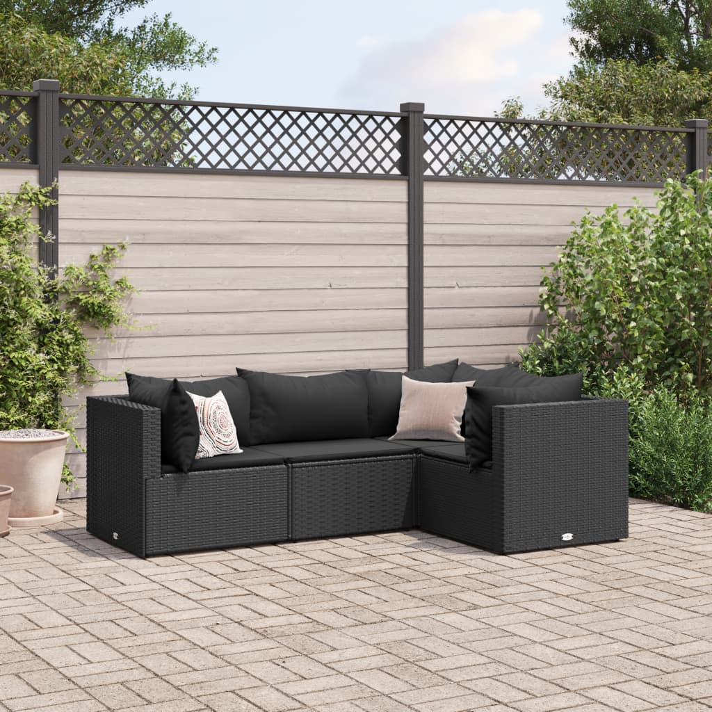 4-tlg. Garten-Lounge-Set mit Kissen Schwarz Poly Rattan