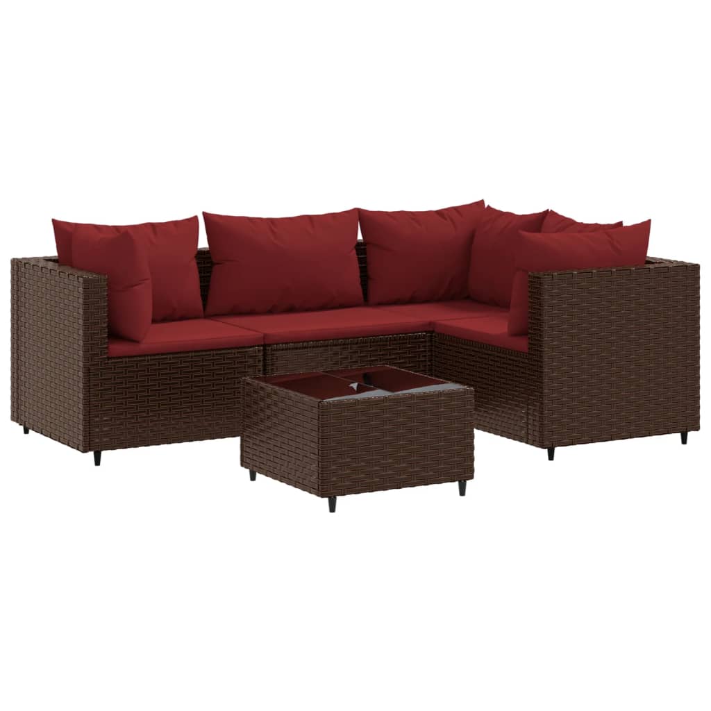 5-tlg. Garten-Lounge-Set mit Kissen Braun Poly Rattan