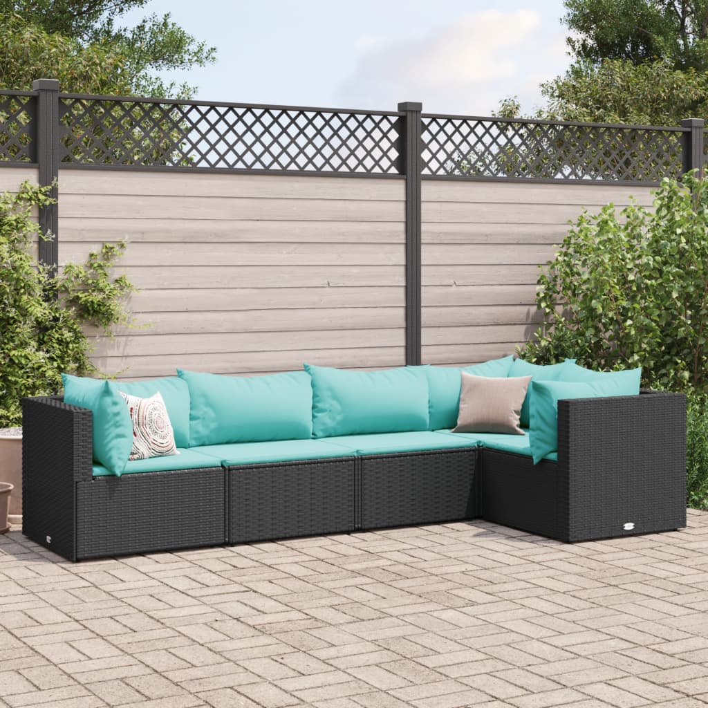 5-tlg. Garten-Lounge-Set mit Kissen Schwarz Poly Rattan