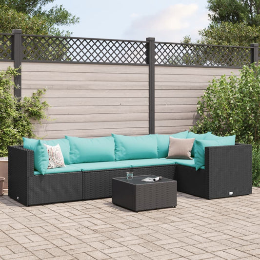 6-tlg. Garten-Lounge-Set mit Kissen Schwarz Poly Rattan