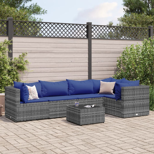 6-tlg. Garten-Lounge-Set mit Kissen Grau Poly Rattan