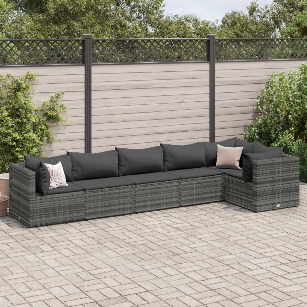 6-tlg. Garten-Lounge-Set mit Kissen Grau Poly Rattan