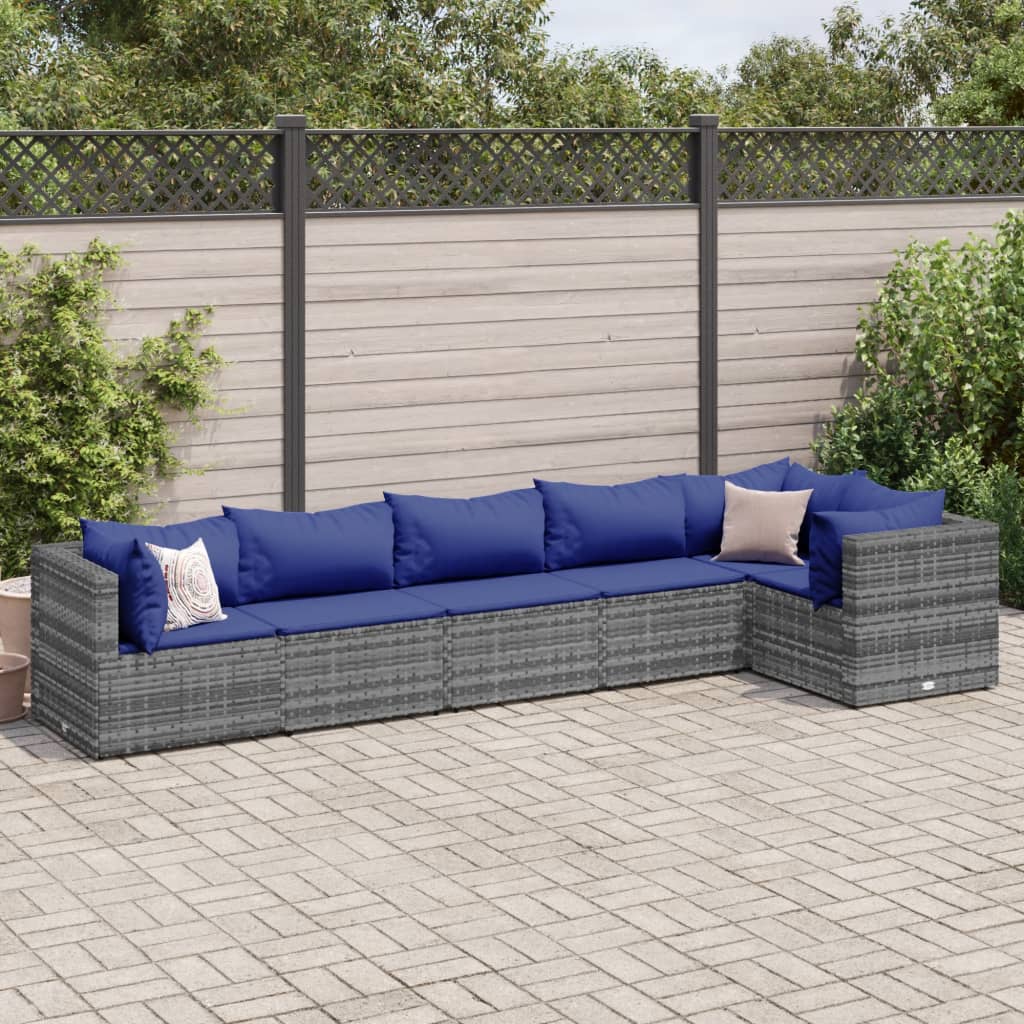 6-tlg. Garten-Lounge-Set mit Kissen Grau Poly Rattan