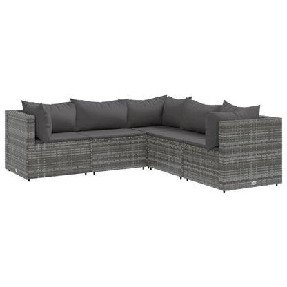 5-tlg. Garten-Lounge-Set mit Kissen Grau Poly Rattan