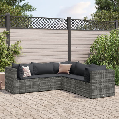 5-tlg. Garten-Lounge-Set mit Kissen Grau Poly Rattan