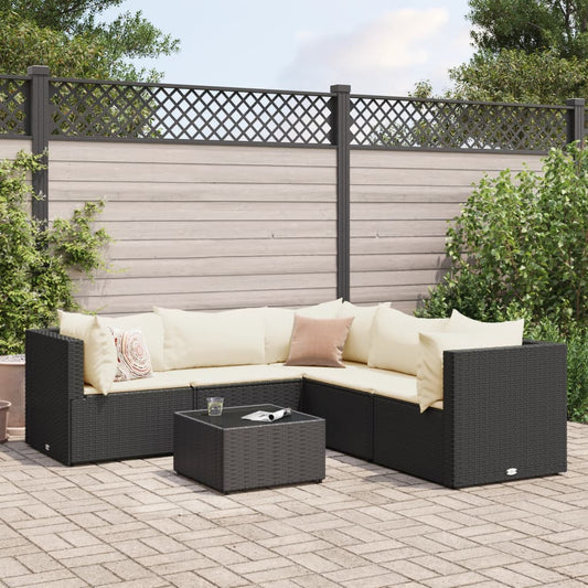 6-tlg. Garten-Lounge-Set mit Kissen Schwarz Poly Rattan