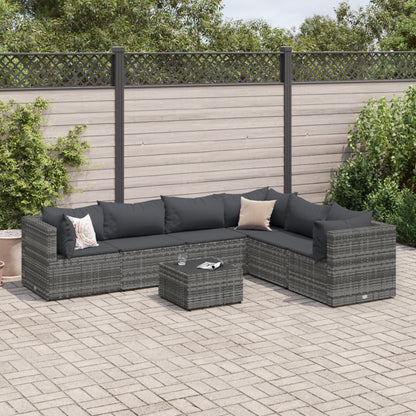 7-tlg. Garten-Lounge-Set mit Kissen Grau Poly Rattan