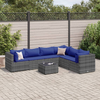 7-tlg. Garten-Lounge-Set mit Kissen Grau Poly Rattan