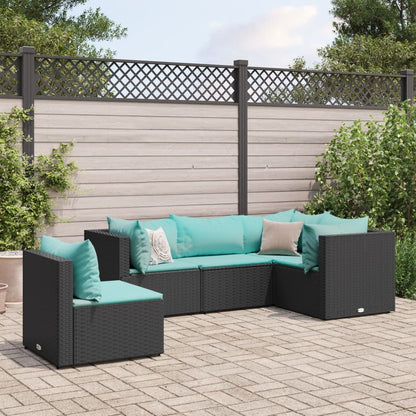 5-tlg. Garten-Lounge-Set mit Kissen Schwarz Poly Rattan