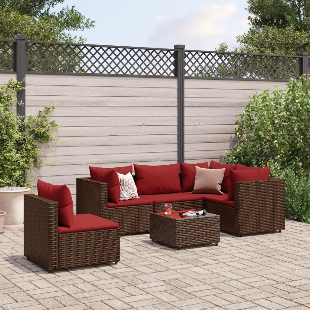 6-tlg. Garten-Lounge-Set mit Kissen Braun Poly Rattan