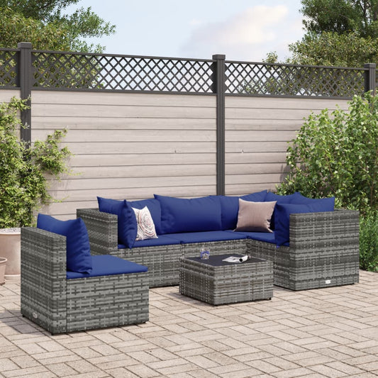 6-tlg. Garten-Lounge-Set mit Kissen Grau Poly Rattan