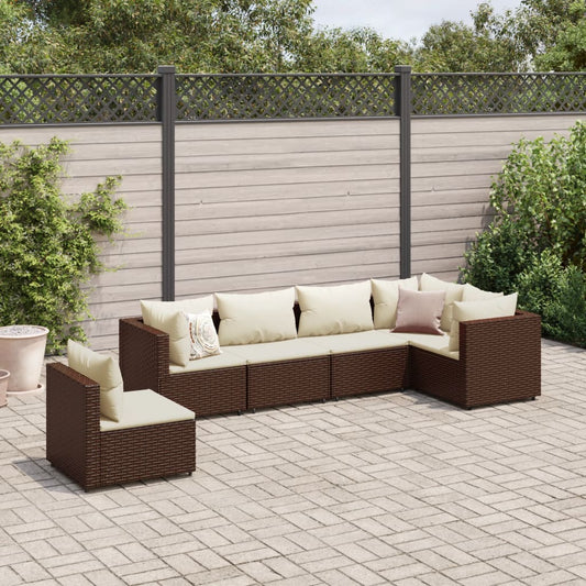 6-tlg. Garten-Lounge-Set mit Kissen Braun Poly Rattan