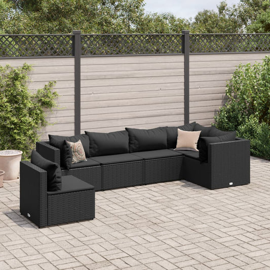 6-tlg. Garten-Lounge-Set mit Kissen Schwarz Poly Rattan