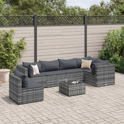 7-tlg. Garten-Lounge-Set mit Kissen Grau Poly Rattan