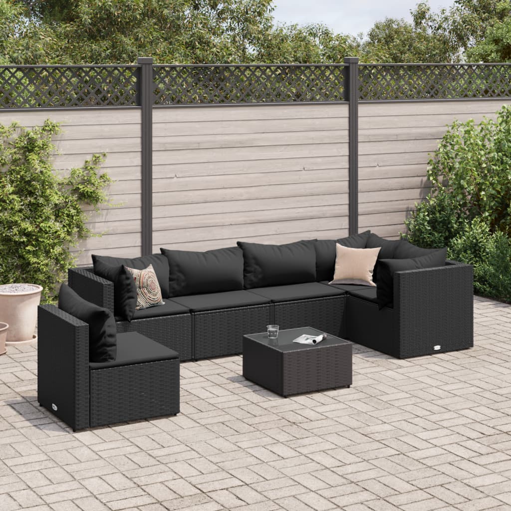 7-tlg. Garten-Lounge-Set mit Kissen Schwarz Poly Rattan