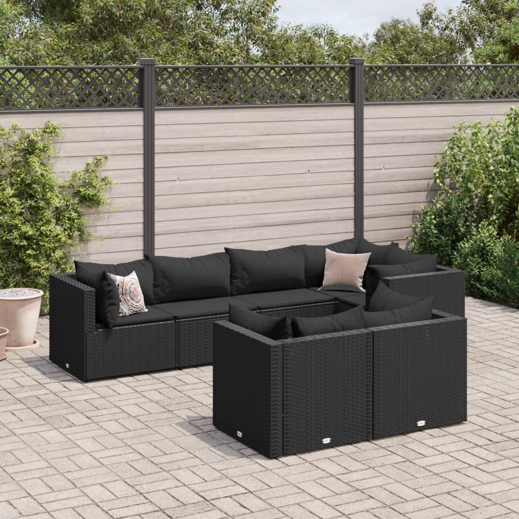 7-tlg. Garten-Lounge-Set mit Kissen Schwarz Poly Rattan