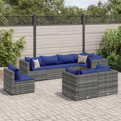 8-tlg. Garten-Lounge-Set mit Kissen Grau Poly Rattan