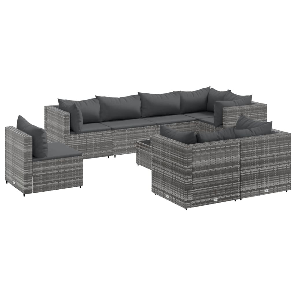 9-tlg. Garten-Lounge-Set mit Kissen Grau Poly Rattan