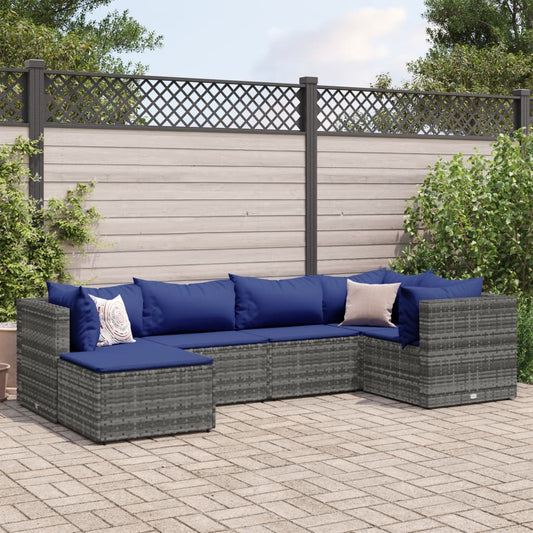 6-tlg. Garten-Lounge-Set mit Kissen Grau Poly Rattan