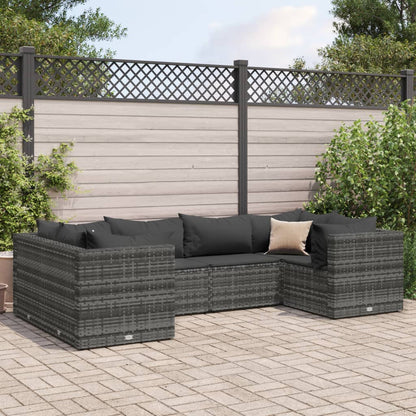 6-tlg. Garten-Lounge-Set mit Kissen Grau Poly Rattan