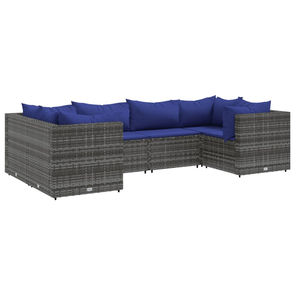 6-tlg. Garten-Lounge-Set mit Kissen Grau Poly Rattan