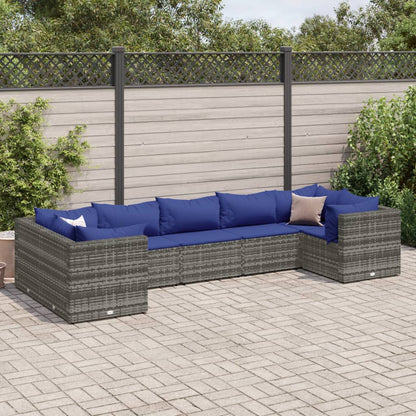 7-tlg. Garten-Lounge-Set mit Kissen Grau Poly Rattan