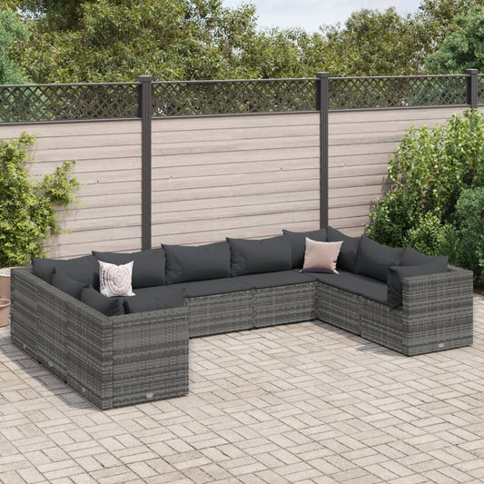 9-tlg. Garten-Lounge-Set mit Kissen Grau Poly Rattan