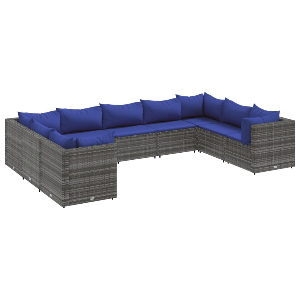 9-tlg. Garten-Lounge-Set mit Kissen Grau Poly Rattan