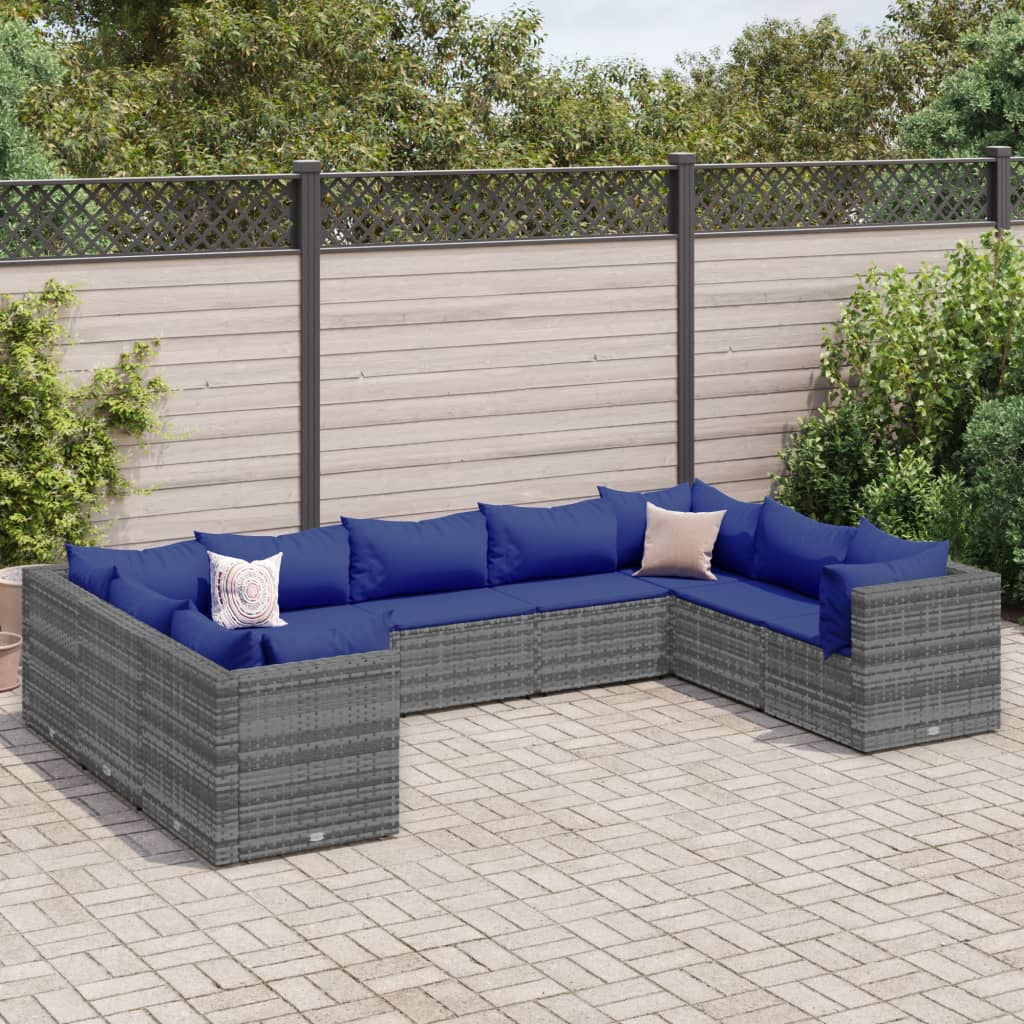 9-tlg. Garten-Lounge-Set mit Kissen Grau Poly Rattan