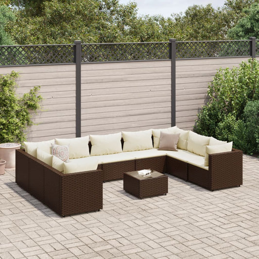 10-tlg. Garten-Lounge-Set mit Kissen Braun Poly Rattan