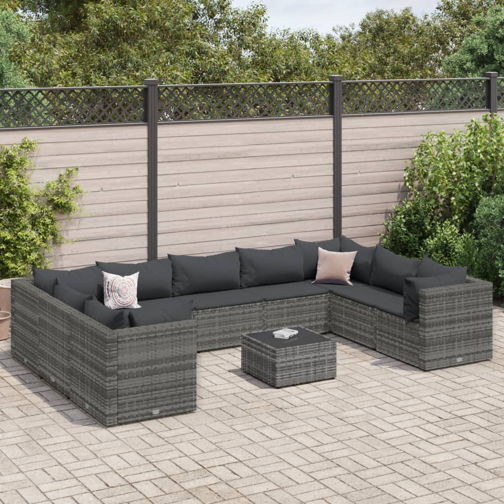 10-tlg. Garten-Lounge-Set mit Kissen Grau Poly Rattan