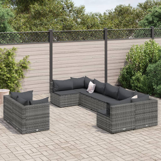 9-tlg. Garten-Sofagarnitur mit Kissen Grau Poly Rattan